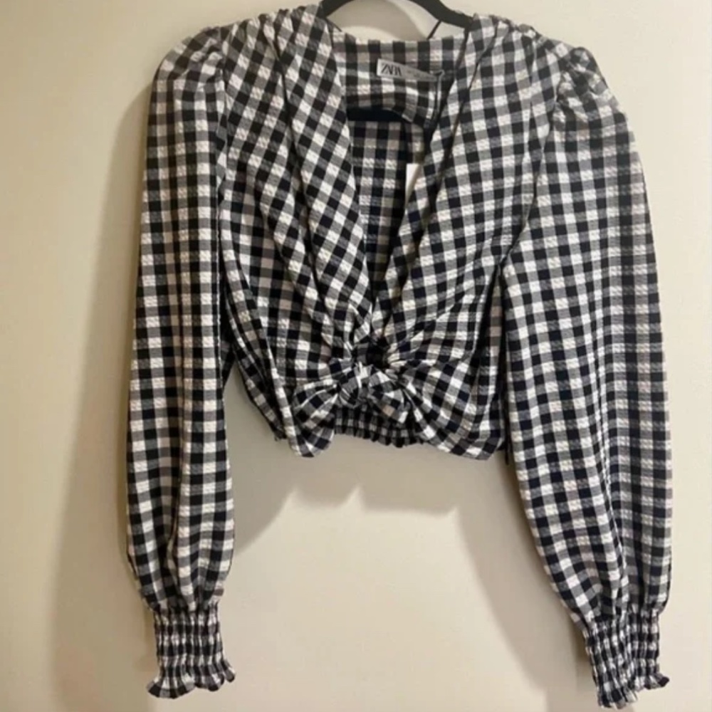 NWT Zara Deep V Black and White Gingham Blouse